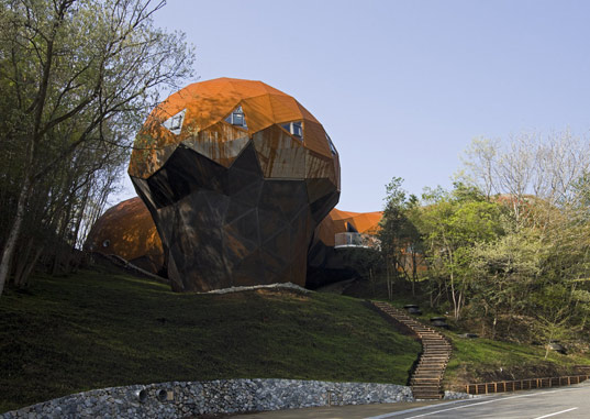 bubbletecture h, shuhei endo, green building, sustainable architecture, locally sourced wood, green roof, geodesic dome house, dome home, japan