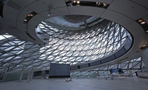 bmw welt by wolf prix: activity hall inside the twisted twin-cone
