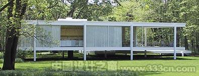 The glass-walled Farnsworth House by Mies van der Rohe
